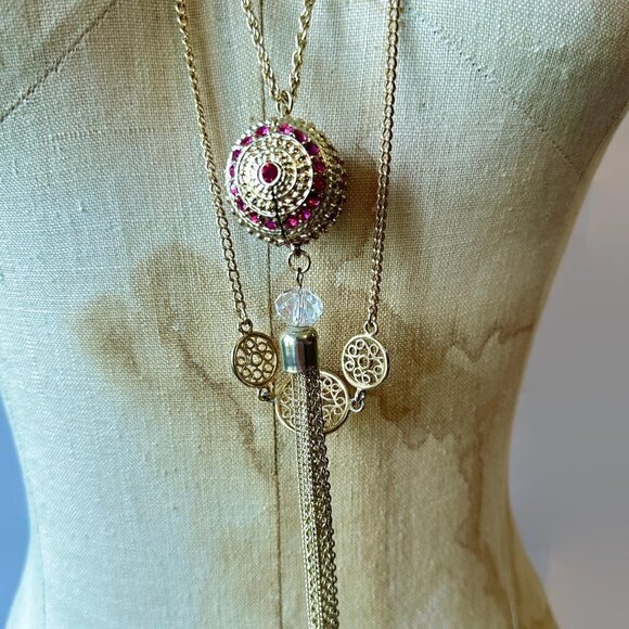 Layered Necklace Lot, God, Deep Pink, Red, Rhinestone, Bohemian, Multi Strand - Picture 5 of 8